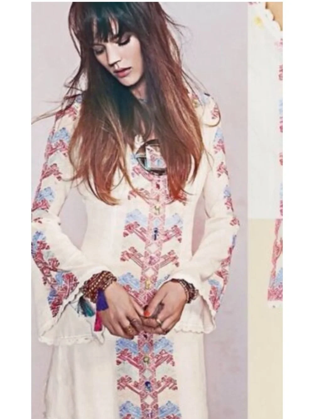 Free People Misty Meadow Embroidered flare sleeve Boho Dress size 4